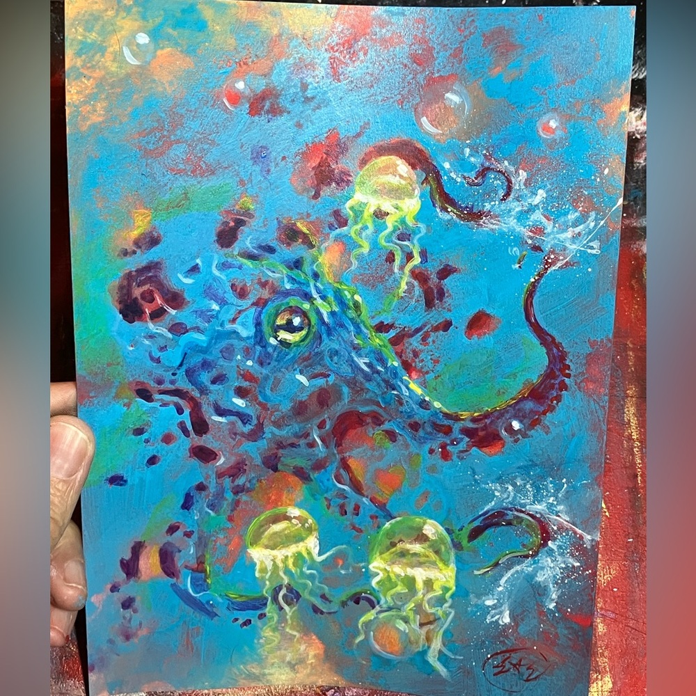Original painting octopus jelly fish art ocean nature surreal Artettina USA